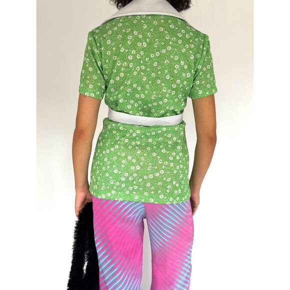 60s vintage green floral print collared zip up short sleeved blouse with pockets - Picture 5 of 8